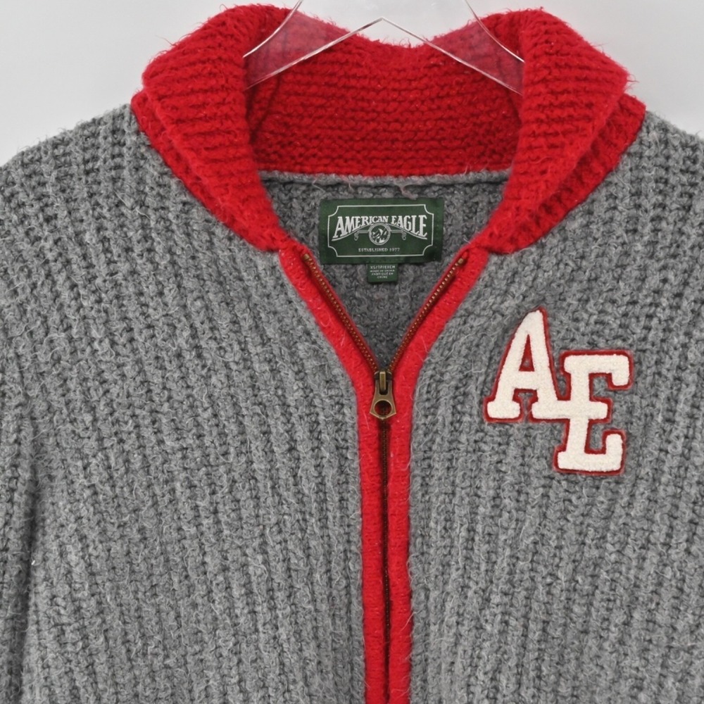 American Eagle Varsity Full Zip Sweater Womens Size XS Gray Red Cotton Y2K Knit - Picture 10 of 14